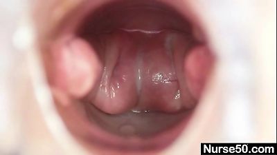 aged light-haired chick shows off natural fun bags and dildo skills