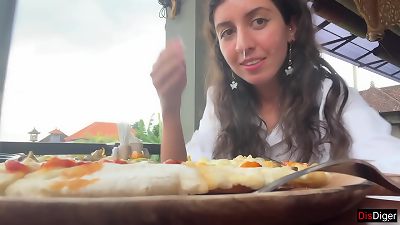 walking with jizz on face in cafe - female slurps pizza and swallows cum - Cumwalk