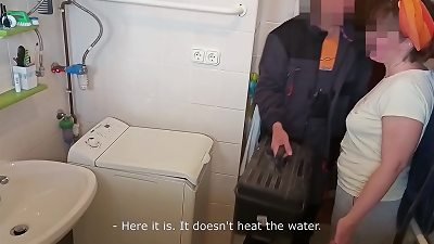 part 1: Sexy, mature wifey gets drilled by washing machine repairman - while husband sleeps. After waking up, unsuspecting spouse fucks wife too.